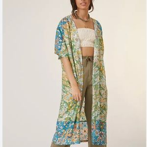 Anthropologie Current Air Kimono w/ bright floral prints and gold accents